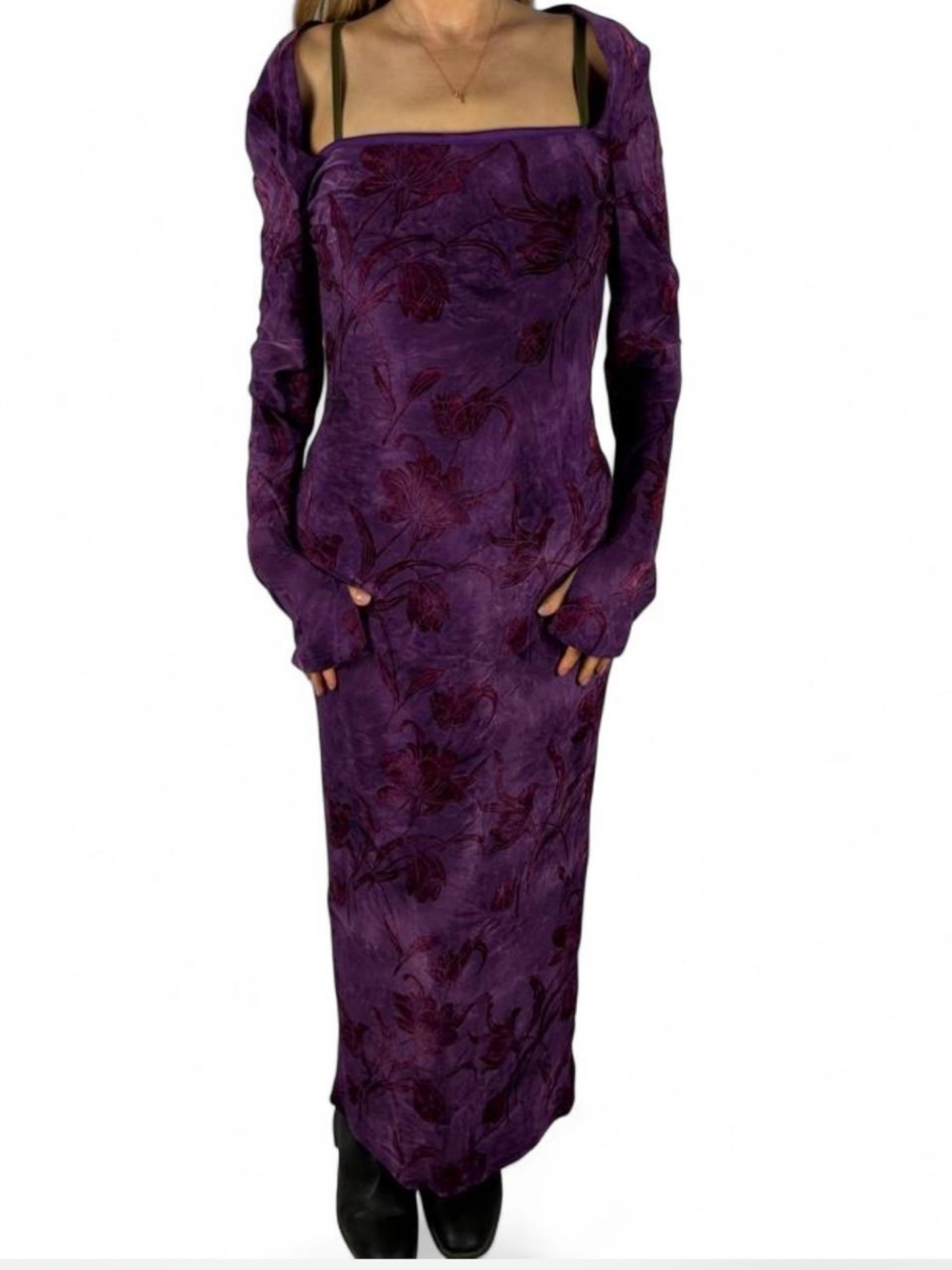 Dark purple floral velvet burnout maxi dress Whimsigoth 90svamp style